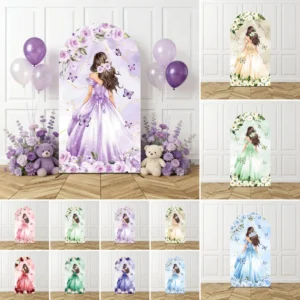 Quinceanera Girl Birthday Arch Backdrop Cover Flower Dress Purple Butterfly Decor Birthday Party Wedding Background Supplies