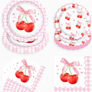 Sweet Cherry Party Disposable Tableware Pink Bow Gingham Plates Cups Napkins For Girl Happy Birthday Princess Baby Shower