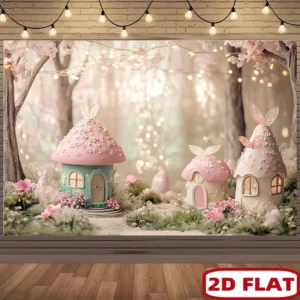 2D flat banner, 1 piece of magical fairy tale house polyester background fabric - magical forest scene, birthday party decor