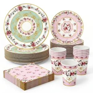 Vintage Floral Tea Party Tableware Set Elegant Pink Paper Plates Cups Napkins EVJF Girls Birthday Bridal Shower Wedding Decor