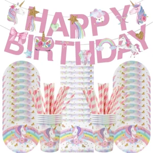 Unicorn Disposable Tableware Pink Unicorn Rainbow Plate Cup tablecloth for Birthday Party Baby Shower Supplies Holiday Decor