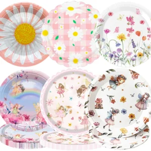 10/50pcs 7''9'' Fairy Birthday Paper Plates Pink Daisy Wildflower Paper Plates Fairy Party Girls Birthday Baby Shower Supplies