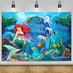 The Little Mermaid Birthday Backdrop Banner Mermaid Tail Ocean Theme Kids Girls Birthday Party Decor Photo Background Supplies