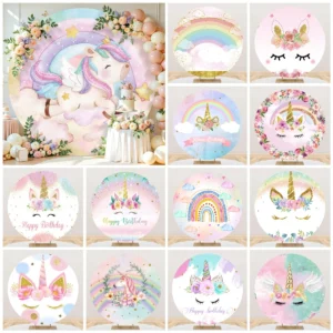Rainbow Unicorn Theme Round Backdrop Cover For Baby Shower Girls Birthday Party Studio Circle Photography Backgrounds Props