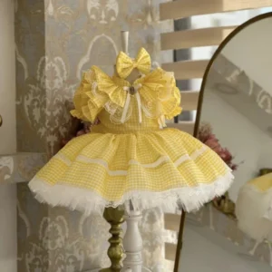0-12Y Girl Summer Turkish Vintage Princess Yellow Plaid Dress for Easter Eid Birthday Photography B303