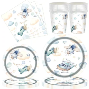 Airplane Birthday Party Tableware Set Watercolor Helicopter Plates Cups Napkins Tablecloth Boy Baby Shower Aviation 1st Birthday