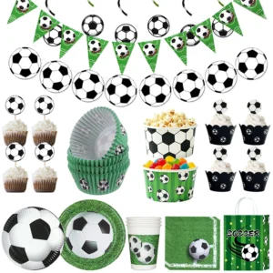 Boys Soccer Theme Birthday Party Decor Football Paper Plates Cups Banner Cake Topper for Soccer Sports Party Baby Shower Decor