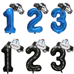 2pcs Police Cars Party Balloons Kit Decoration with Number Balloon Baby Shower Boys Police Theme Birthday Party Supplies ﻿