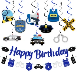 Vocation Police Theme Happy Birthday Banner Police Car Swirl Hanging Garland for Kids Boy Birthday Baby Shower Party Decor
