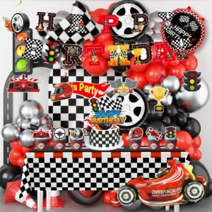 112 Pcs Race Car Party Decorations-Race Car Banner Balloons Cake Toppers Hanging Swirl etc Racing Car Birthday Party Decorations