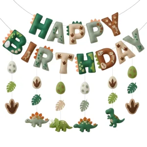 2D Felt Green Cute Dinosaur Themed Banners Hanging Garland for Boys Girls 1st 2nd3rd Birthday Baby Shower Party Wall Decorations