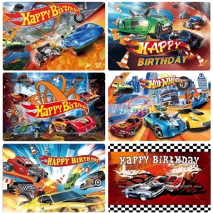 Hot Wheels Race Car Happy Birthday Backdrop Banner Speed Car Theme Kids Boys Birthday Party Decor Photo Background Supplies