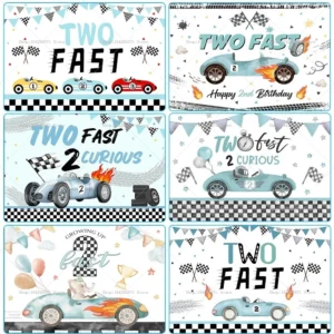 Two Fast Race Car Birthday Backdrop Banner Vintage Car Party Decorations For Boys 2nd Birthday Photo Background Party Supplies